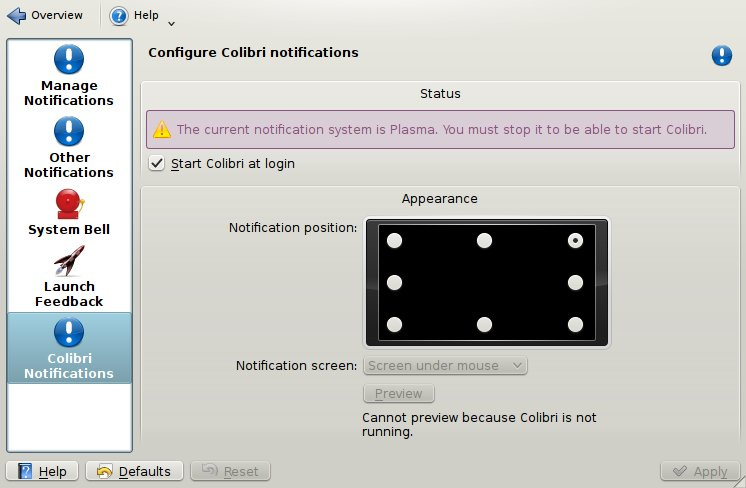 Colibri configuration module, Plasma notification system